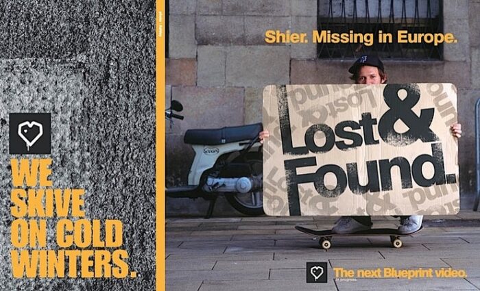 Paul Shier advert from the 'Lost and Found' era of Blueprint Skateboards