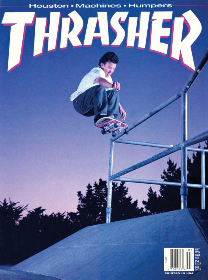 Phil Shao, frontside 5-0 at Fort Miley, San Francisco. Thrasher Magazine, July 1996. photo: Luke Ogden. Jake Phelps Interview – Slam City Skates