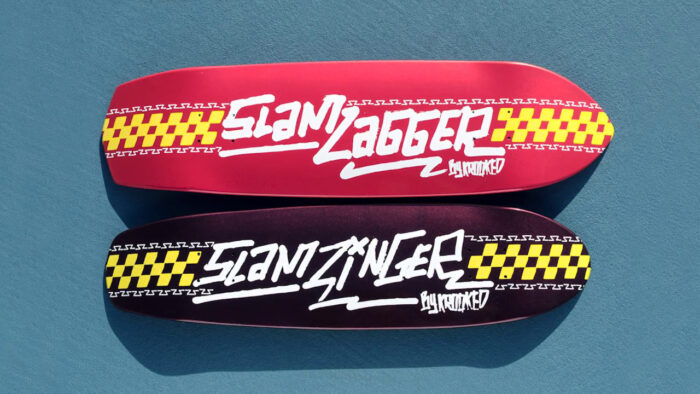 The Krooked x Slam City Skates 'Zip Zinger' and 'Zip Zagger' skateboard decks.