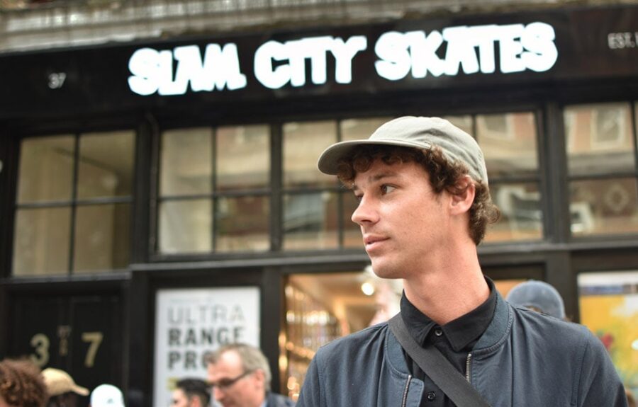 Ben Raemers interview by Jacob Sawyer. Lead image of Ben outside Slam City Skates, Covent Garden, London.