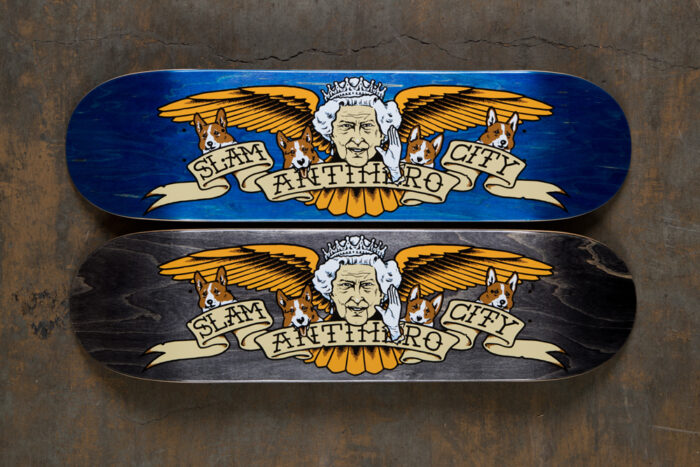 The Anti-Hero X Slam City Skates 'Classic Liz' board on blue and black wood stains.