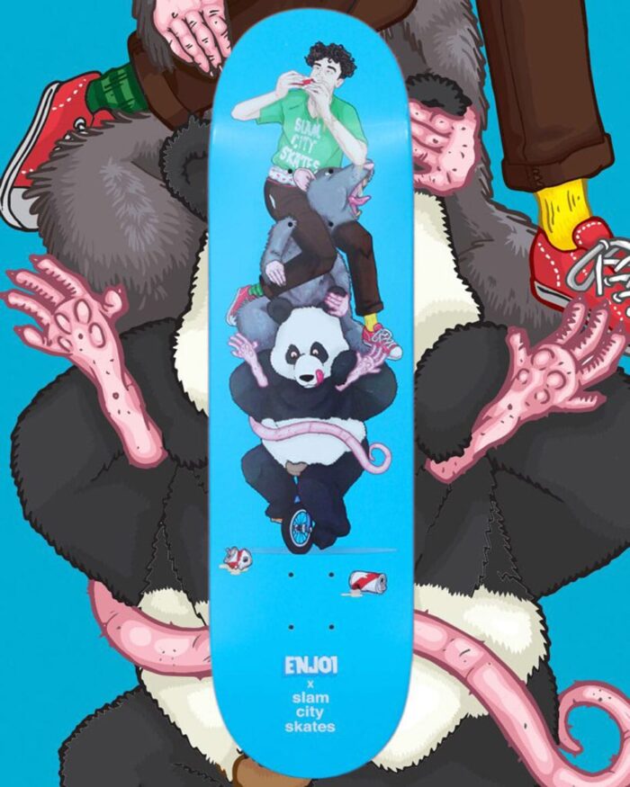 The enjoi X Slam City Skates Ben Raemers board, illustrated by Rob Mathieson