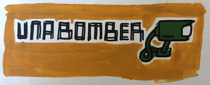 Unabomber Skateboards artwork by Pete Fowler featuring the company name and a security camera against a brown backdrop.