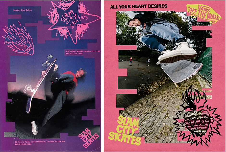 Two Slam ads featuring skating, exactly 31 years apart. Shop riders Rob Dukes and Danny Brady, both going backside on legendary London inclines. Rob shot by Paul Sunman at Wandsworth Road after the Public Domain premier (and on Dan Adams’ board) for Slam’s November 1989 ad, and Brady shot by Sam Ashley at the Archway banks a couple of weeks ago, in the Slam x Vans Sk8-Mids