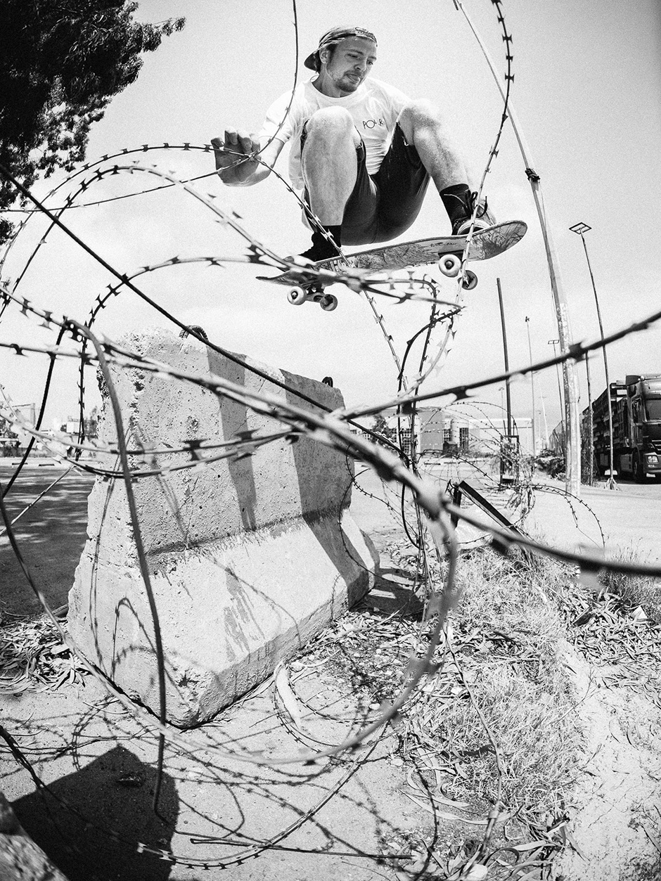 Razor wire fails to render this Beirut barrier un-skateable for Pontus Alv. Photo: Sam Ashley