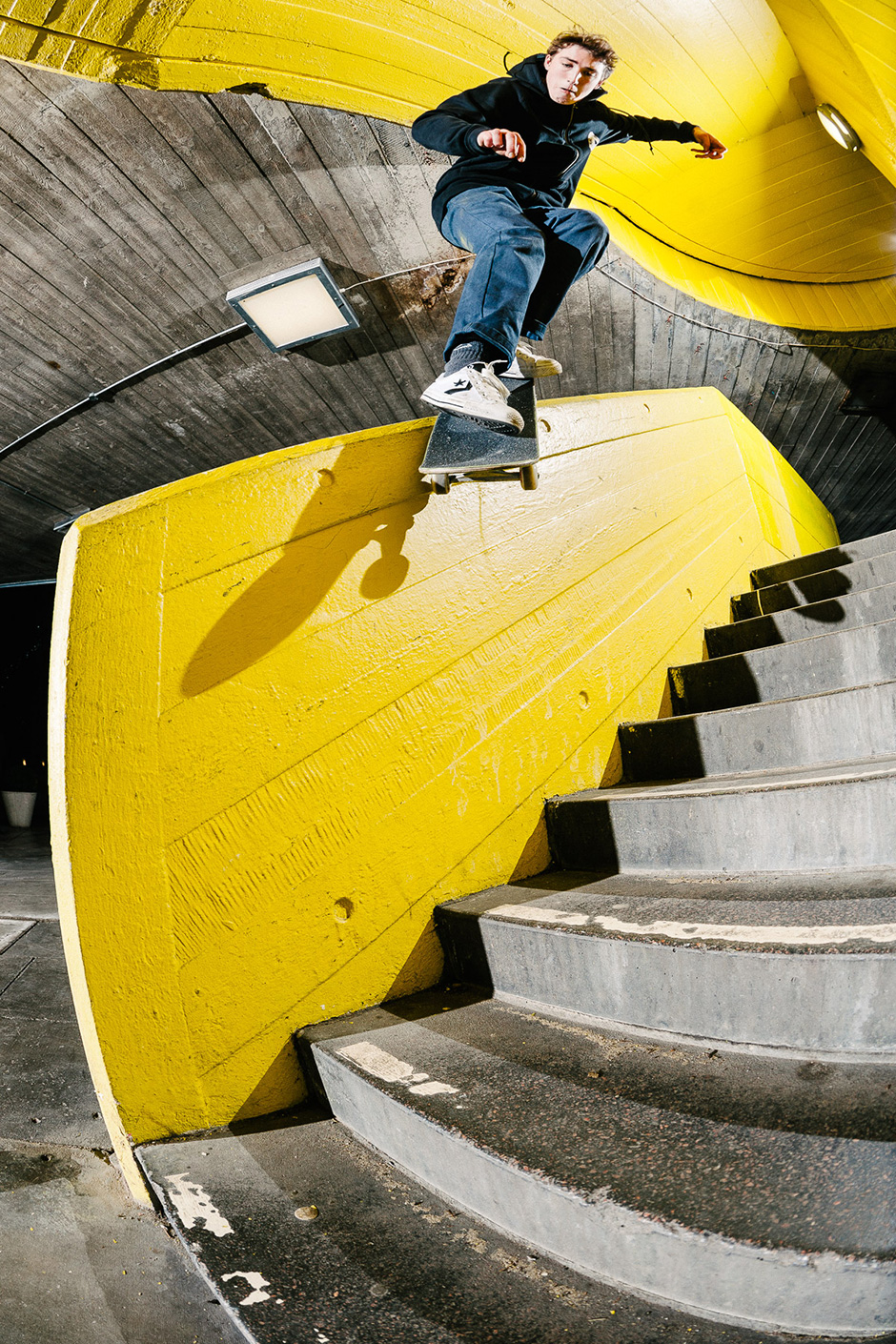 Rory Milanes back smiths the canary yellow incarnation of this hubba. Sidewalk January 2013. Photo: Sam Ashley