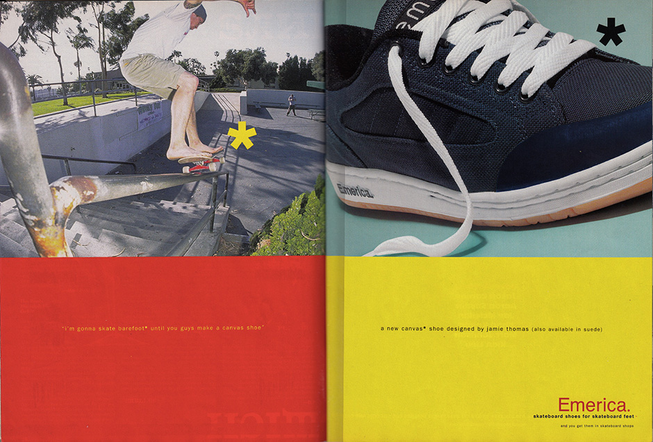 Jamie Thomas with a bare foot double page ad for Emerica in 1997