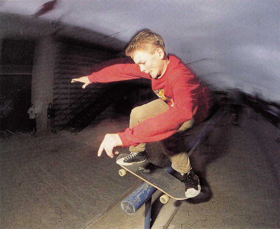 No rubber football required. Boardslide into the bank from RaD magazine, April 1990. Photo: Tim Leighton-Boyce