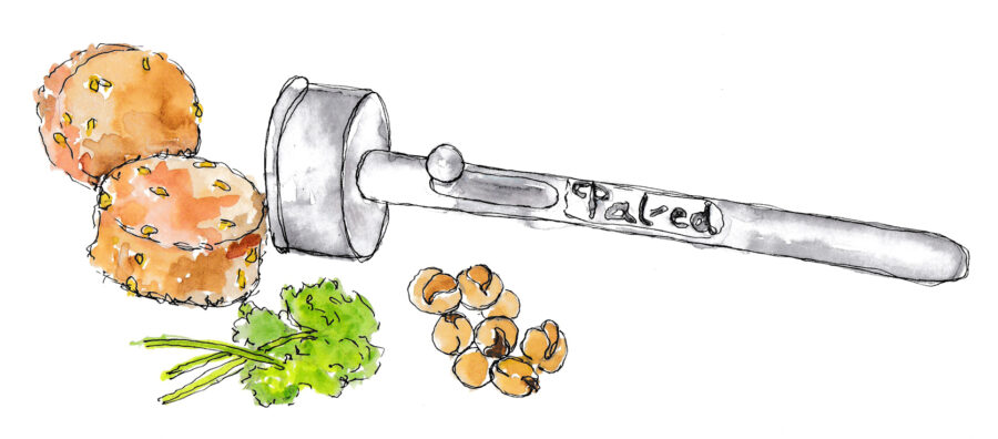 Falafel balls, ingredients and press illustrated by Josh Sutton for his Feed Your Head: Skateboarding and nutrition article – Slam City Skates