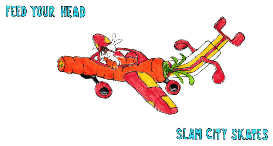 A small white rabbit rides a carrot-shaped airplane – Feed Your Head: Skateboarding and nutrition with Josh Sutton – Slam City Skates