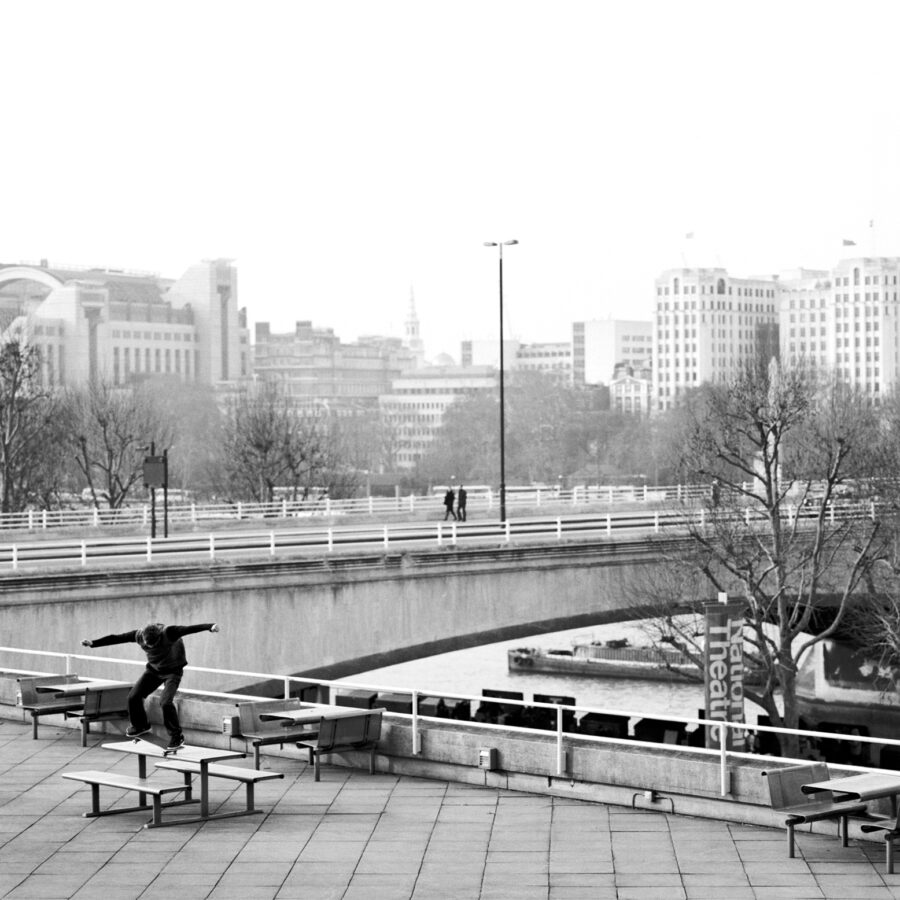 Nick Jensen nosegrinds a bench above Southbank. photo by Henry Kingsford for Grey Skate Mag Issue #1 – UK Skateboard Magazines: A Brief History – Slam City Skates 