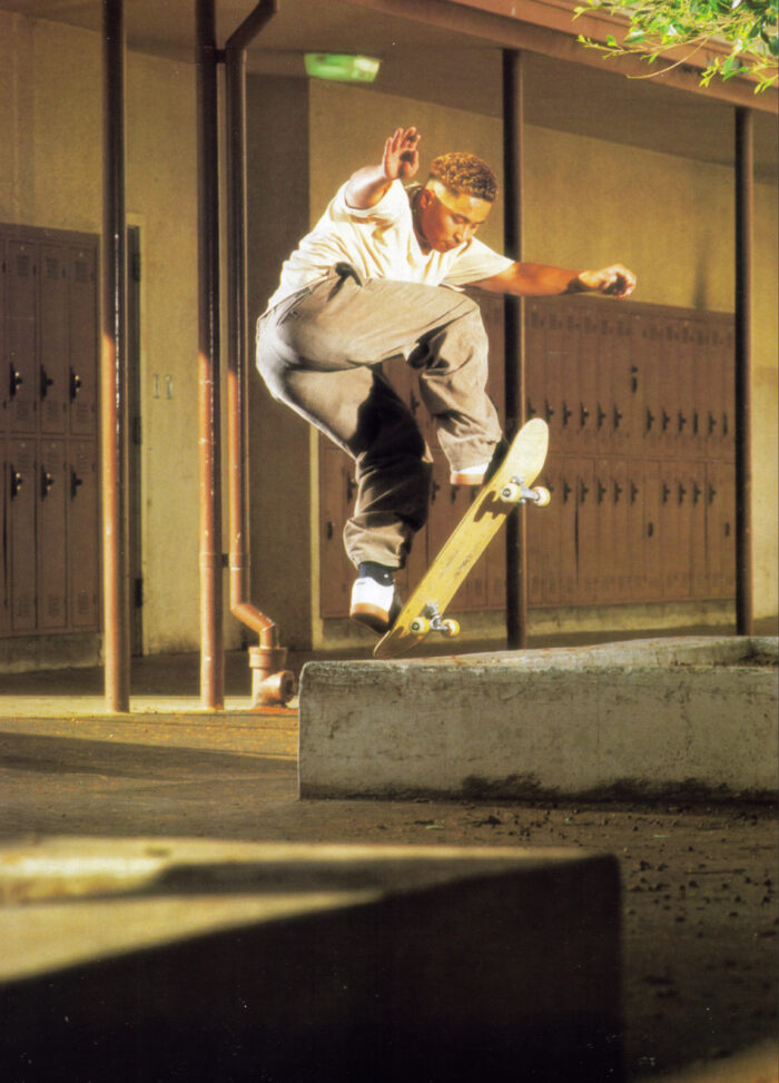 Daewon Song frontside blunt slide at a well frequented Trilogy era ledge spot. Photo: Rick Kosick