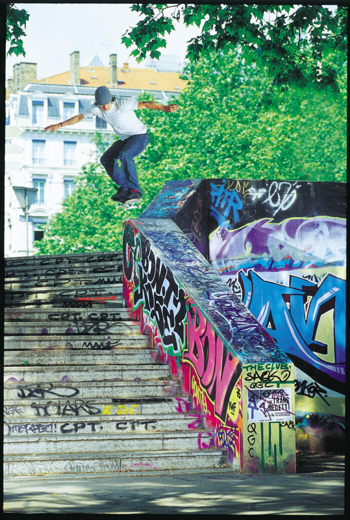 Geoff Rowley, backside 5050, Lyon Hubba, 2001, Thrasher Magazine – Michael Burnett Interview – Slam City Skates