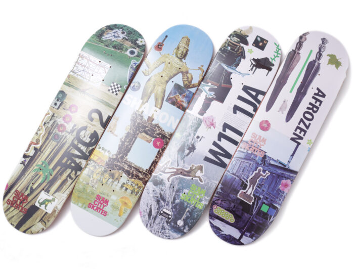 A top down overview of the Slam City Skates X Oliver Payne board series.