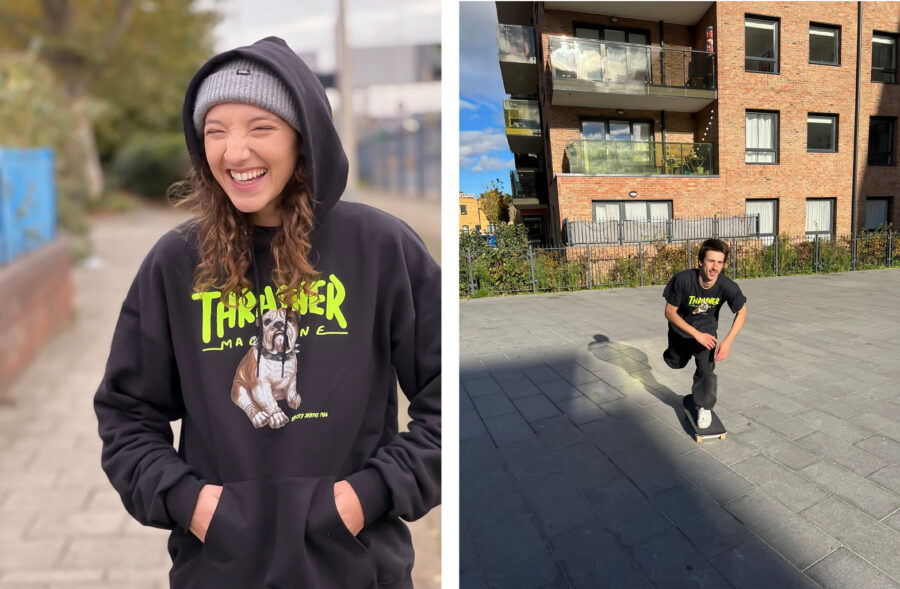 Helena Long and Dougie George in the Thrasher X Slam City Skates Bulldog Hood and T-Shirt, photos: Kevin Parrott.