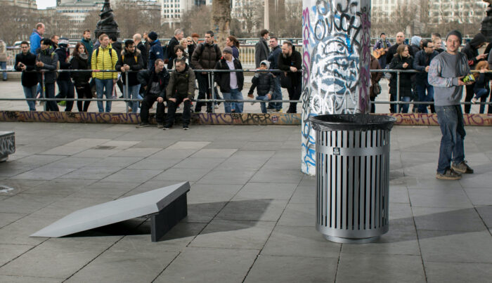A replica of the the Love Park kicker-to-can at Southbank, London.