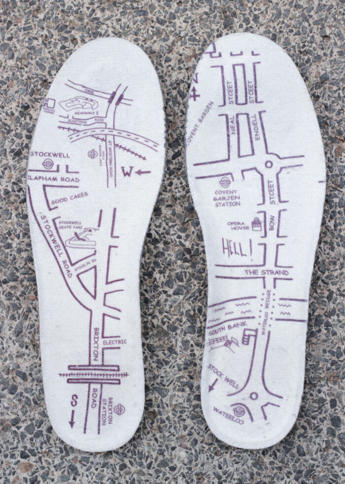 The insoles of the Nike SB x Slam City Skates Dunk featuring a map from the shop to Southbank and other London landmarks. artwork: Chris Pulman