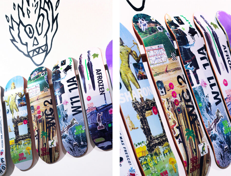 The Slam City Skates X Oliver Payne series on the wall at our East London store.