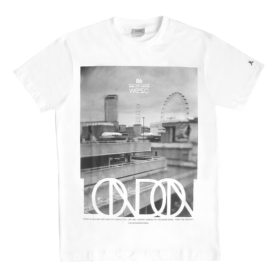 The WeSC x Slam City Skates t-shirt featuring a photograph of London by Henry Kingsford.