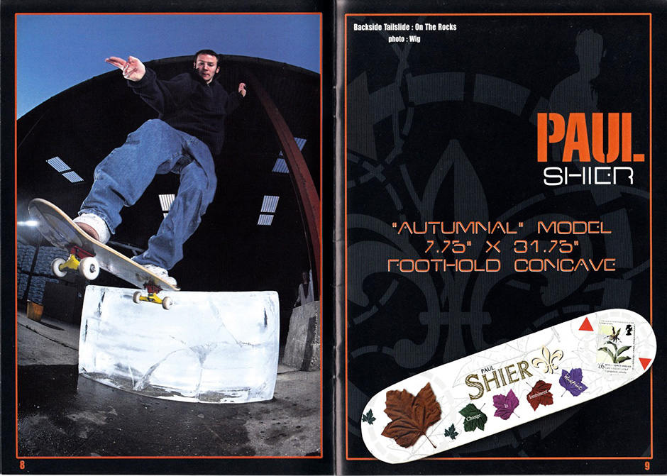 Page from an early Blueprint skateboards catalogue from 1998 showcasing Paul Shier's pro board, photo by Wig Worland
