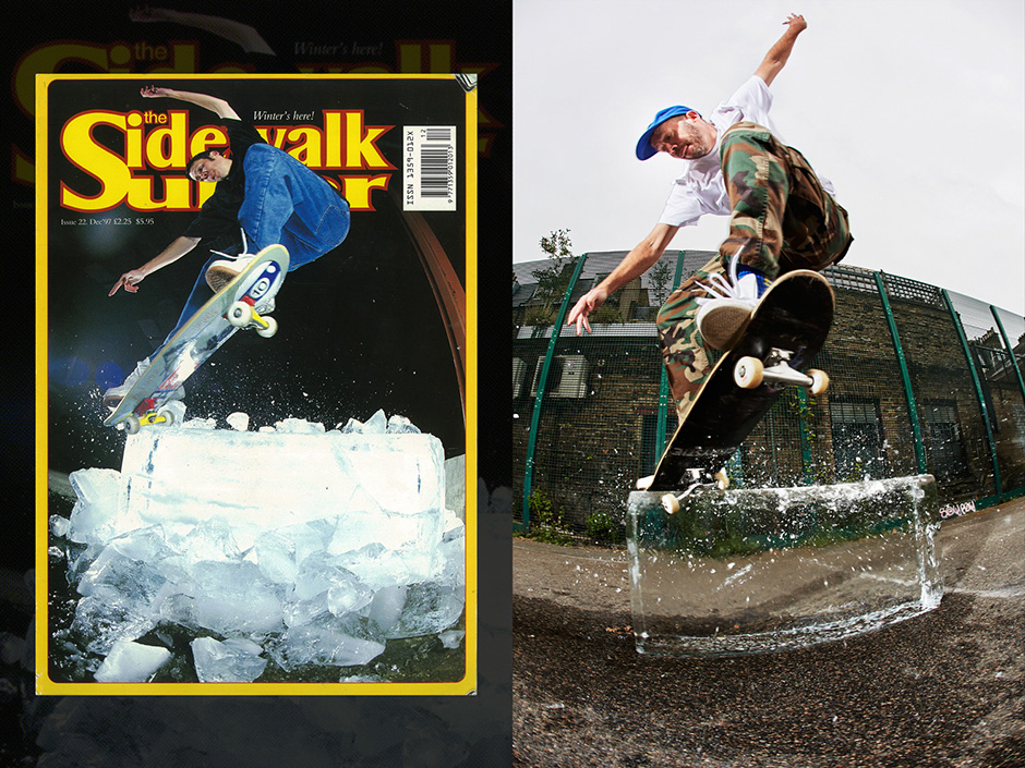 Paul Shier's iconic Sidewalk cover and the reshoot 22 years later, photos by Wig Worland