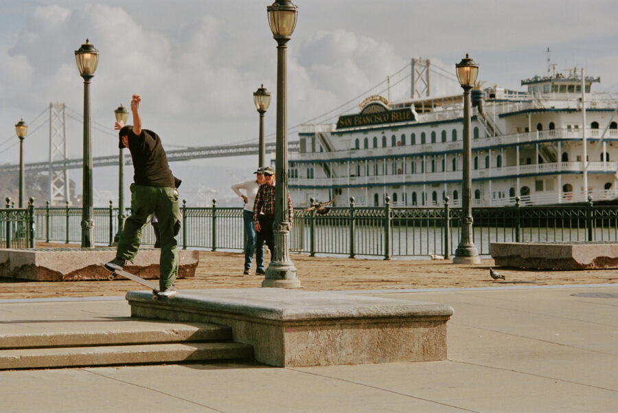 Paul Shier skateboarding at Pier 7 in San Francisco.