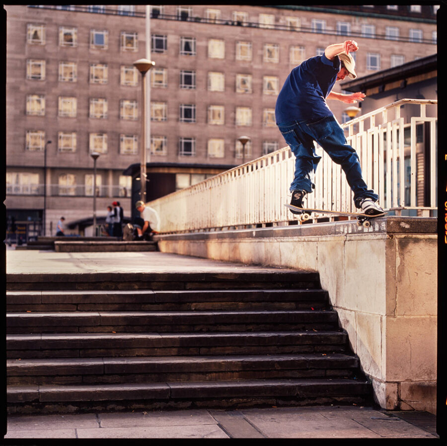 Paul Shier fronside noseslides some under appreciated marble at the Shell Centre, photo by Wig Worland