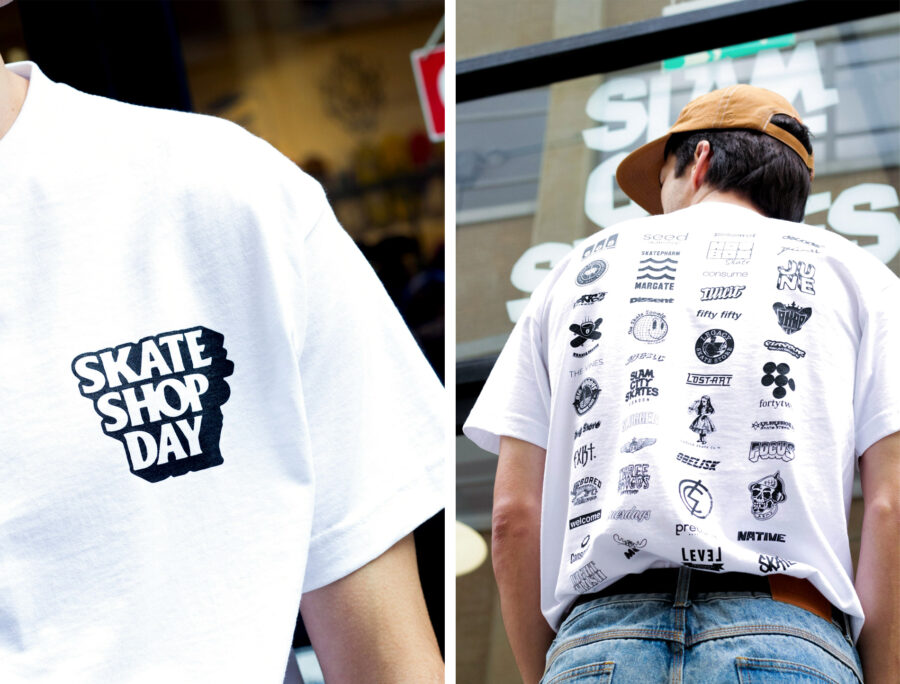 The Skate Shop Day t-shirt for 2022 featuring the logos of over 40 UK skate shops.