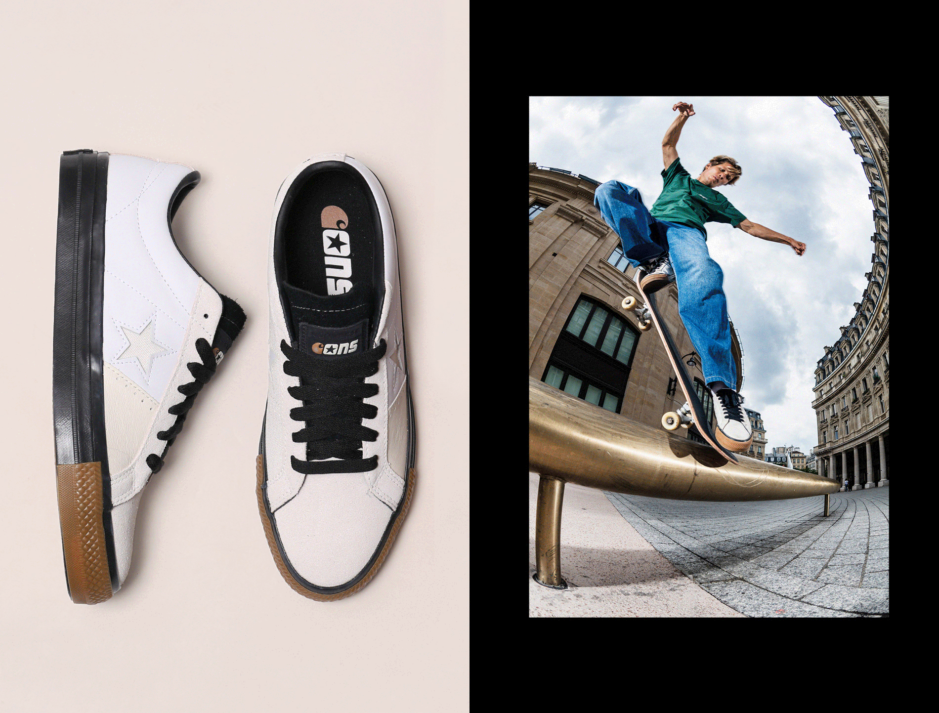 Felipe Bartolome grabbing melon in the Mid top Fastbreak. Sylvain Tognelli bar hopping in the One Star, both shot by Alex Pires for Converse Cons x Carhartt WIP