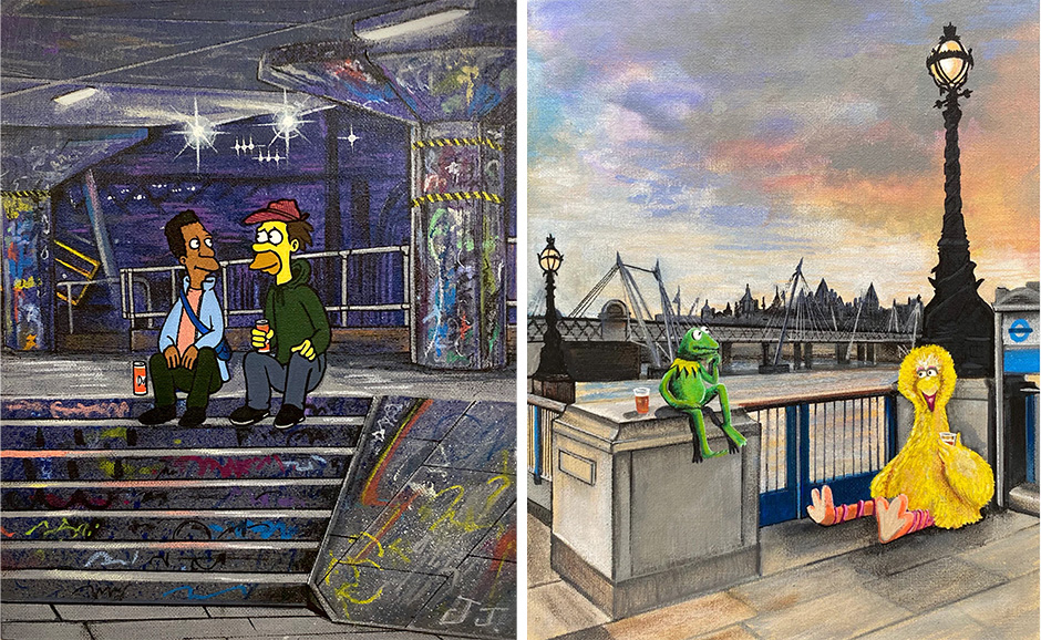 Carl and Lenny chilling on the Southbank Seven while Big Bird and Kermit have a beer by the river