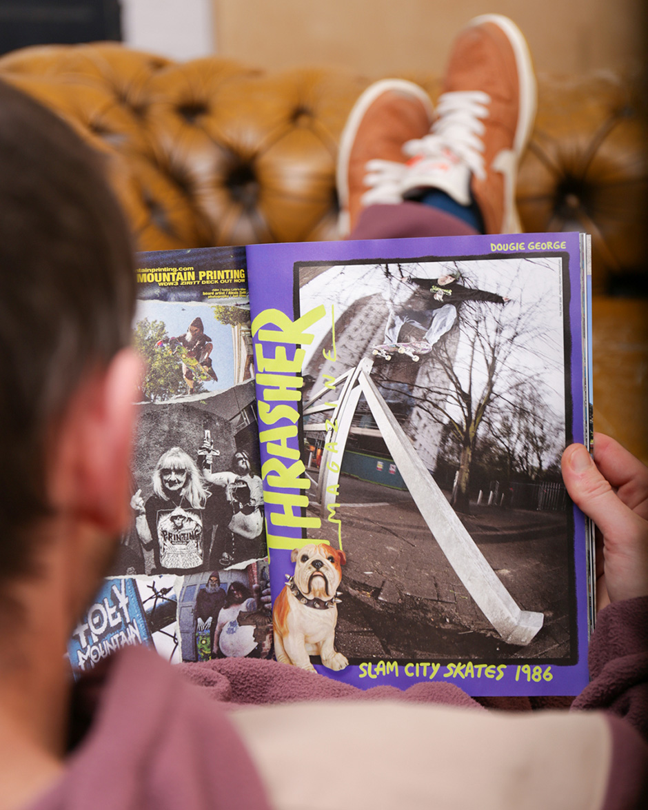 Dougie George in the 500th issue of Thrasher doing a tail drop to 50-50 to advertise our thrasher collaboration