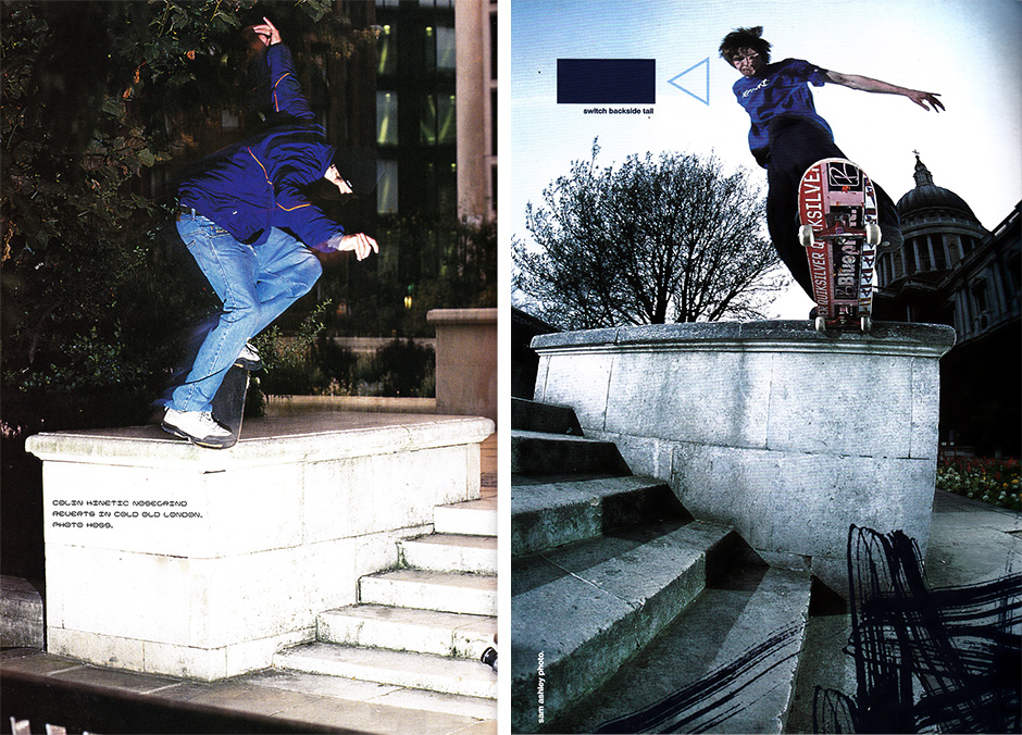 Colin Kennedy skated chalky ledges like no other. Photos from each side, a backside nosegrind revert and a switch backside tailslide. Photos by Andy Horsley and Sam Ashley respectively