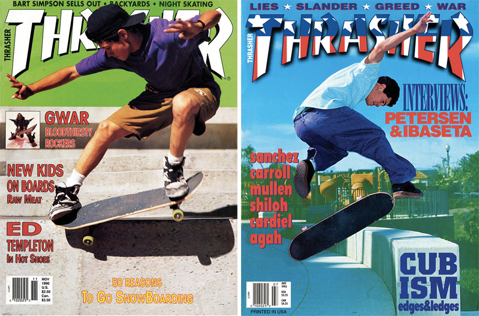 Two Thrasher covers for Henry Sanchex from 1991 and 1993, a period of time where he was redefining skateboarding