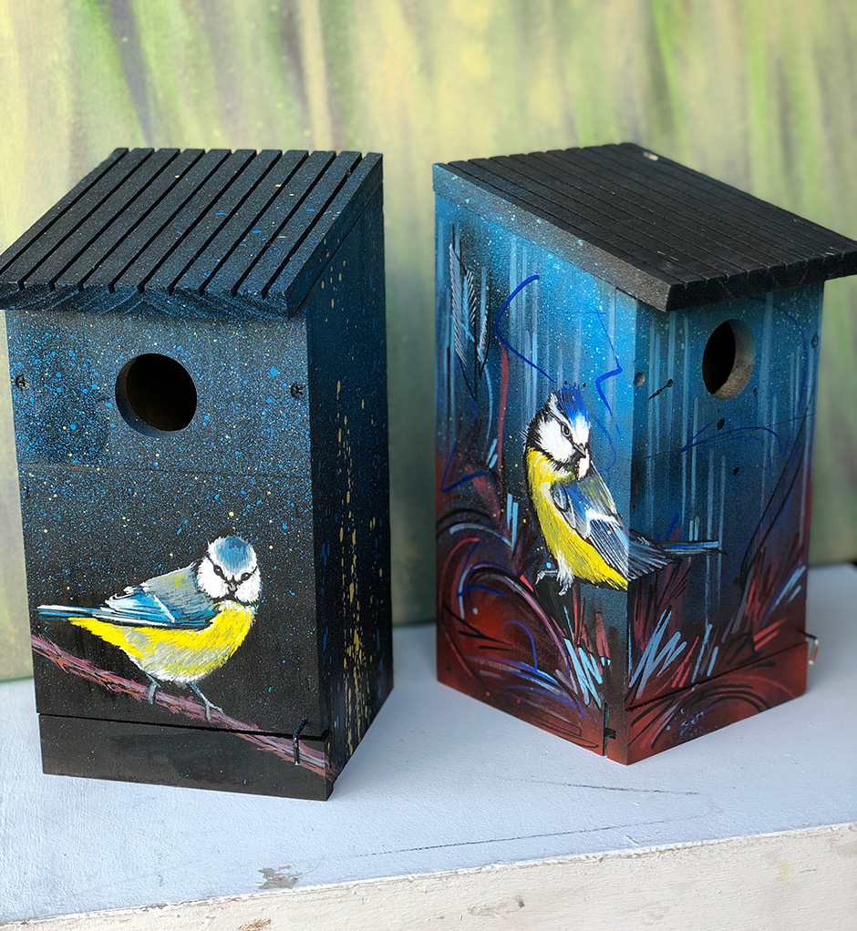 Jeremy's work translates to a wide variety of canvases, from £3000 handbags to bird boxes