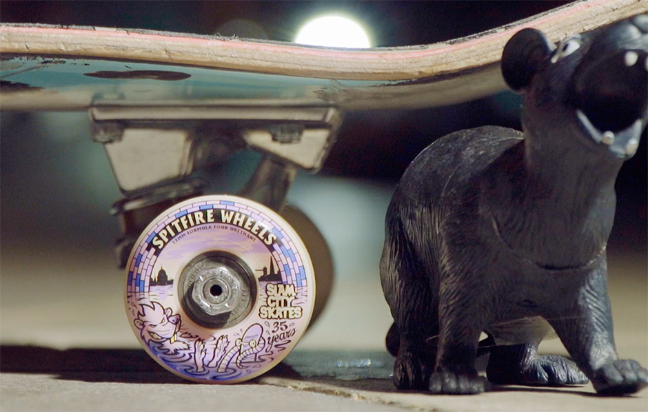 Close up of our SPitfire x Slam City Skates Formula Four on board next to a Rat fart stone from the video by Sirus Gahan