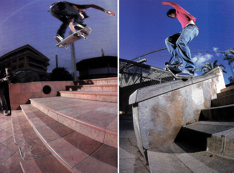Frontside half cab and frontside nosblunt slide in Mallorca in 2002. Shot by Sam Ashley