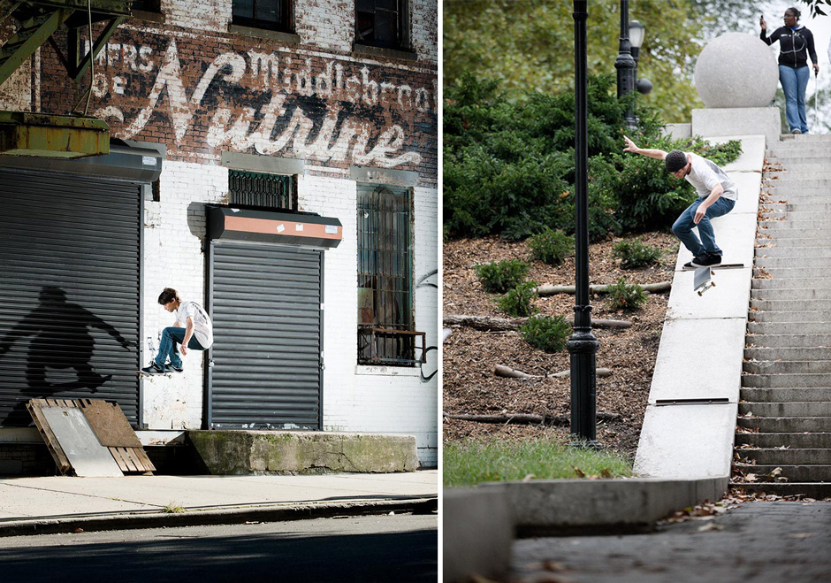 An early Palace trip to NYC in 2011. Ollie into a makeshift cellar door and a quick footed fakie flip. Photo by Sam Ashley