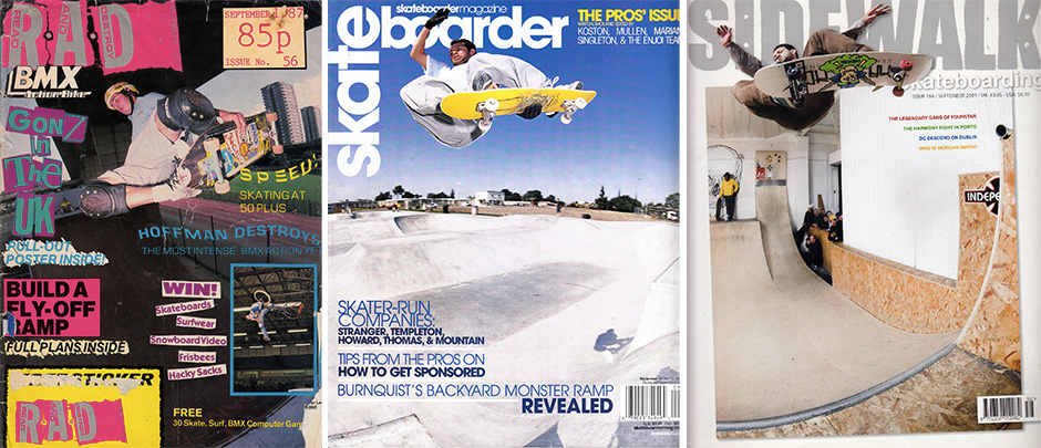 Mark Gonzales covers through the ages. Flying frontside for R.A.D, Skateboarder, and Sidewalk