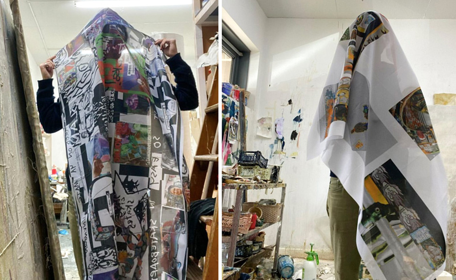 Nick Jensen in his studio with the fabric which he created to make the Isle x Slam collaboration