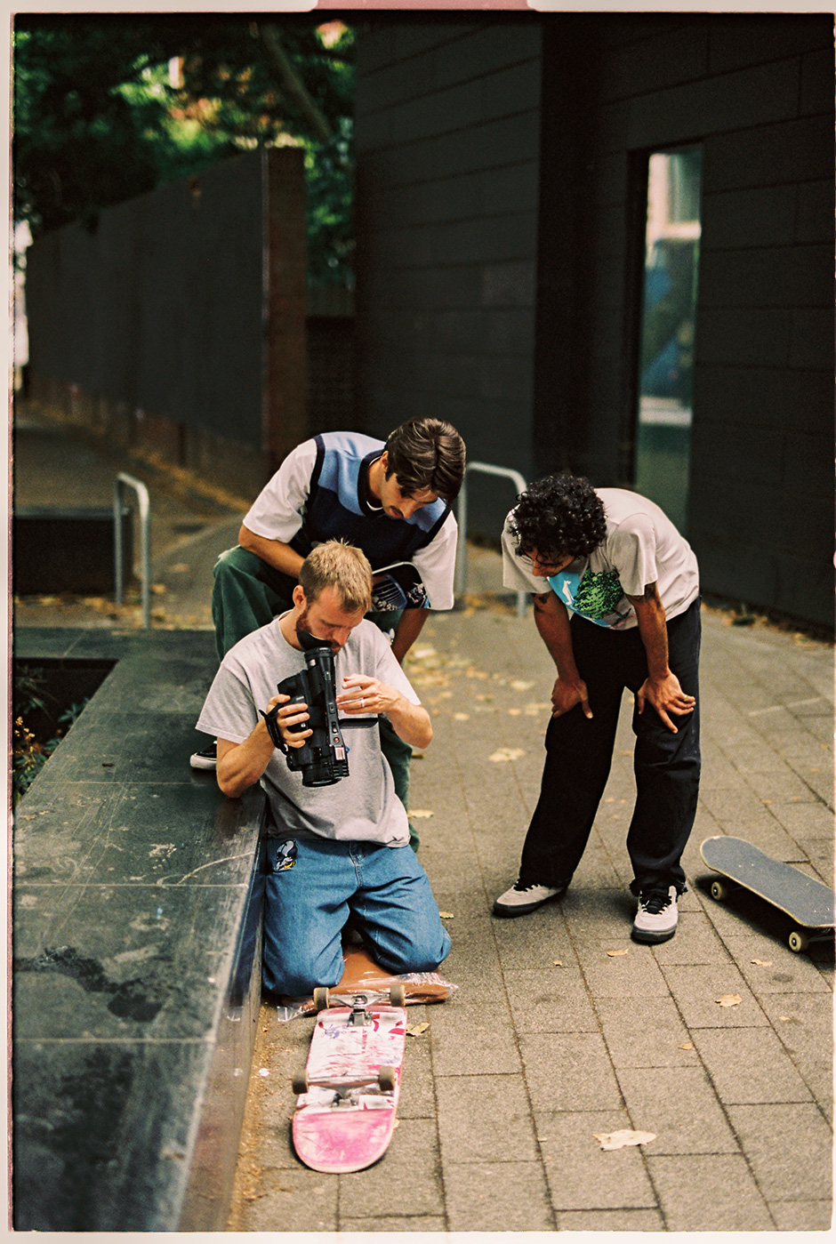 Dennis Roberts and Dougie George checking Quentin Guthrie's footage for the Butter Goods x Slam clip