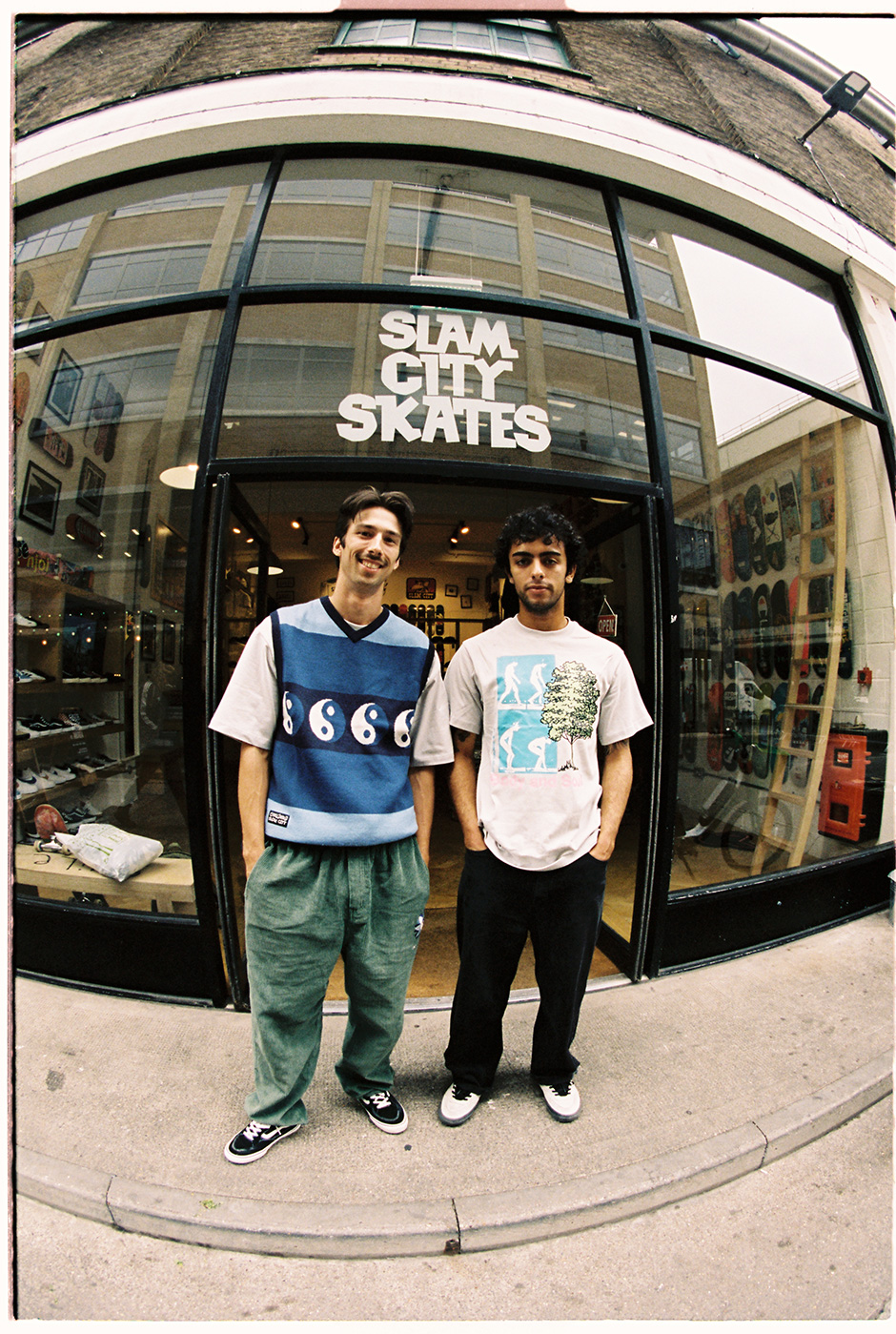 Dougie George and Dennis Roberts outside the Slam City Skates East shop for the Butter Goods x Slam lookbook shoot