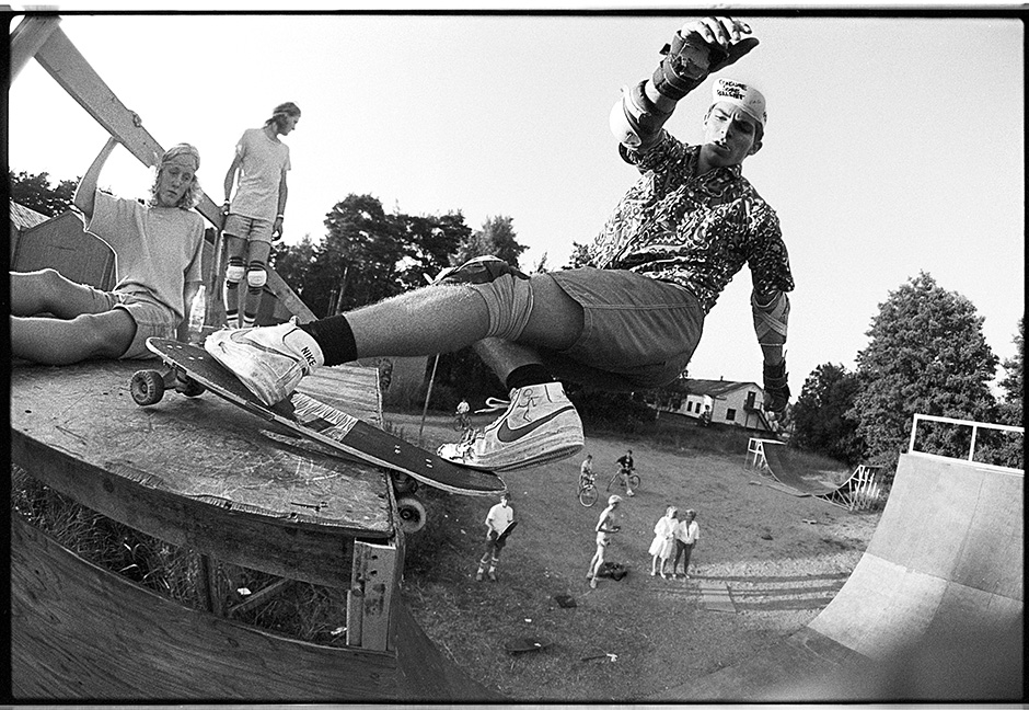 Neil Blender decks a Frontside rock and roll for Dobie Campbell's lens at the Swedish Summer camp in 1983