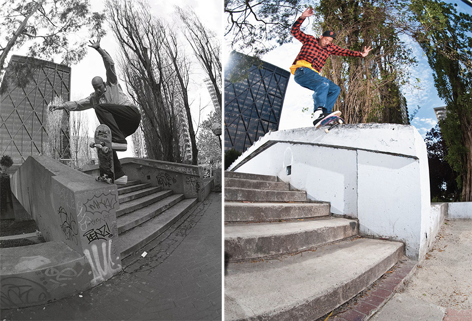 Brian Anderson making Hubba look small. Frontside Bluntslide for Bryce Kanights in 1997 and Hurricane for Gabe Morford in 2010