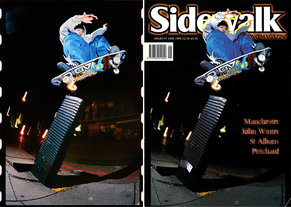 Seth Curtis on the cover of Sidewalk in 1999 and the original Wig Worland scan