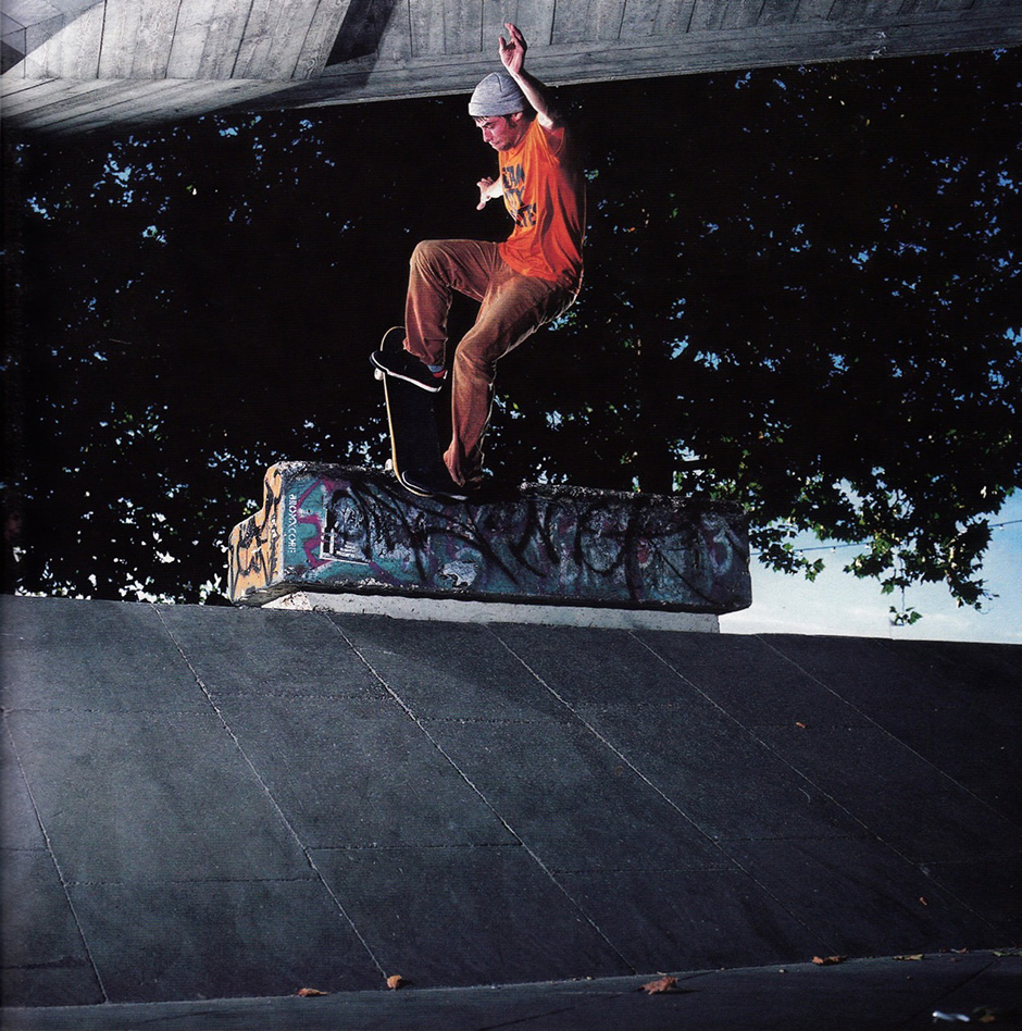 Olly Todd noseblunt slides at Southbank wearing his favourite Slam T-Shirt. Photo by Dom Marley