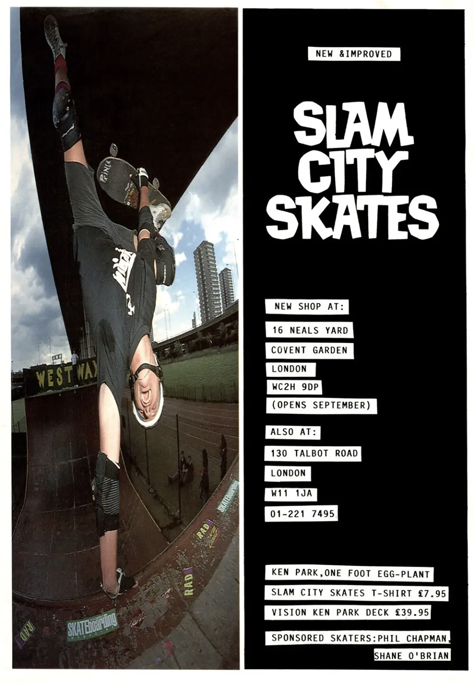 Ken Park at Latimer Road in an advert announcing the new Slam Covent Garden location in 1988