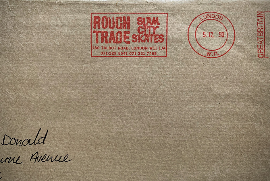 The original Rough Trade x Slam City Skates stamp from an 80s mail out to Neil Macdonald from @scienceversuslife