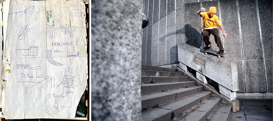 Mike Manzoori backside grinding the hubba above southbank next to his drawings of potential photos. PH: Wig Worland