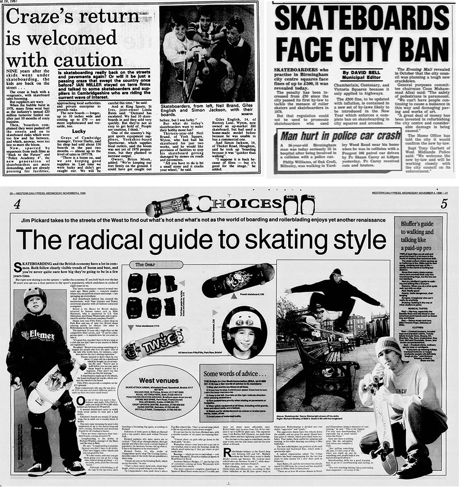 Newspaper clippings showing the changing face of the public perception of skateboarding