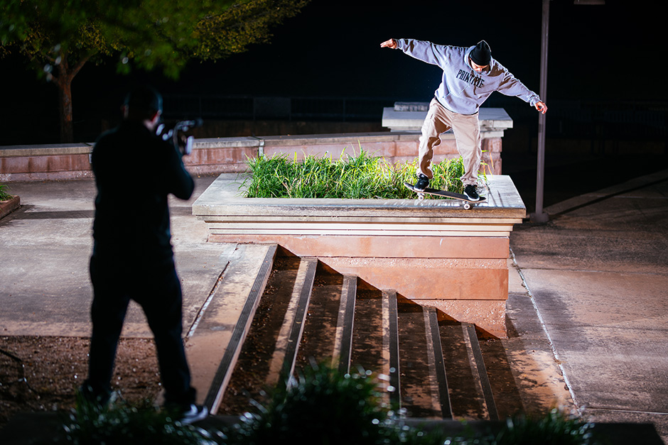 Alan Hannon filming in the foreground while Wade Desarmo begins a battle with this Texan ledge. Photo by Oliver Barton